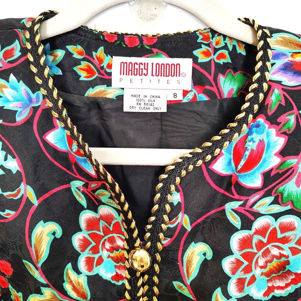 Vintage Maggy London Womens 8 Blazer Jacket Silk Multicolor Floral Bright 80s - Picture 11 of 13